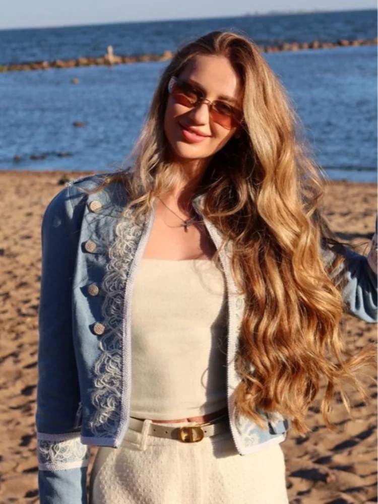 Denim Cropped Jacket Stand Collar Lace Trim Double Metal Buttons  2026 Autumn Chic Fashion Trendy Lady Vintage Party Jackets