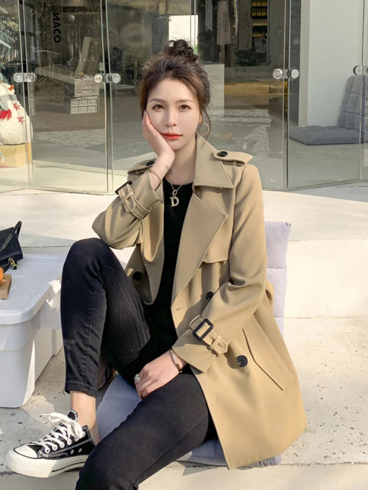 Khaki Tailored Collar Jackets Women's Korean Senior Solid Color Outdoor Slim Windbreaker Coats Female Spring Fashion Clothing