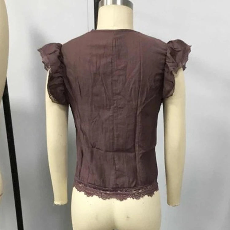 Bohemian Retro Cut Deep V Flowing Sleeves Chiffon Lace Trimmed Shirt Tie Waist Cut Holiday Ladies Elegant Top