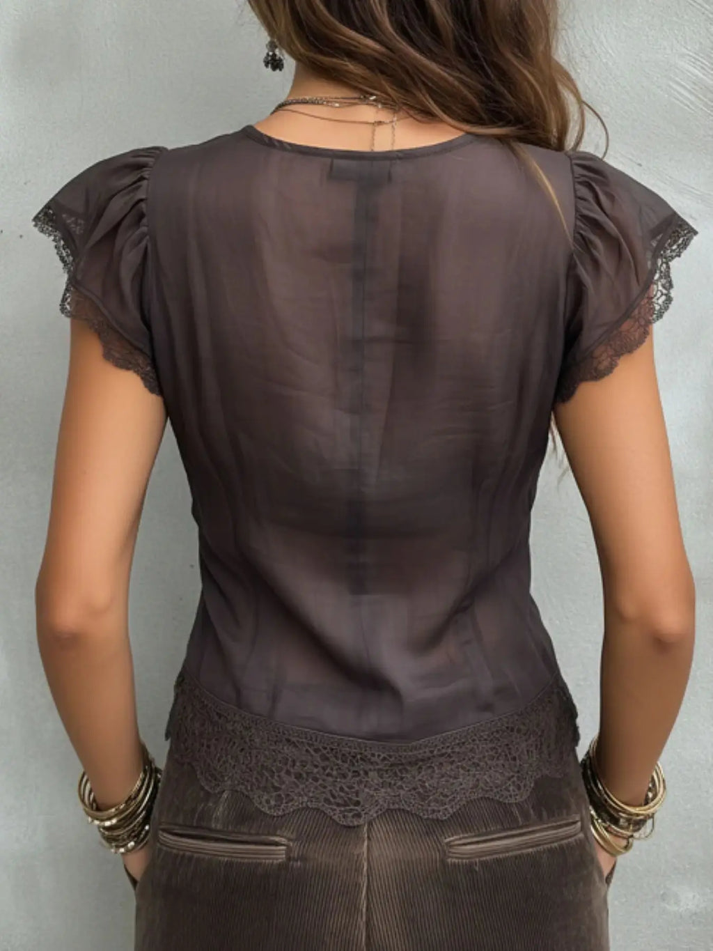 Bohemian Retro Cut Deep V Flowing Sleeves Chiffon Lace Trimmed Shirt Tie Waist Cut Holiday Ladies Elegant Top