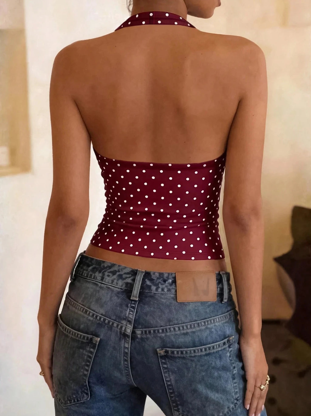 Hugcitar Polka Dot Print Halter Square Collar Backless Sexy Crop Tank Top Summer Women Fashion Outfit Birthday Party Holiday