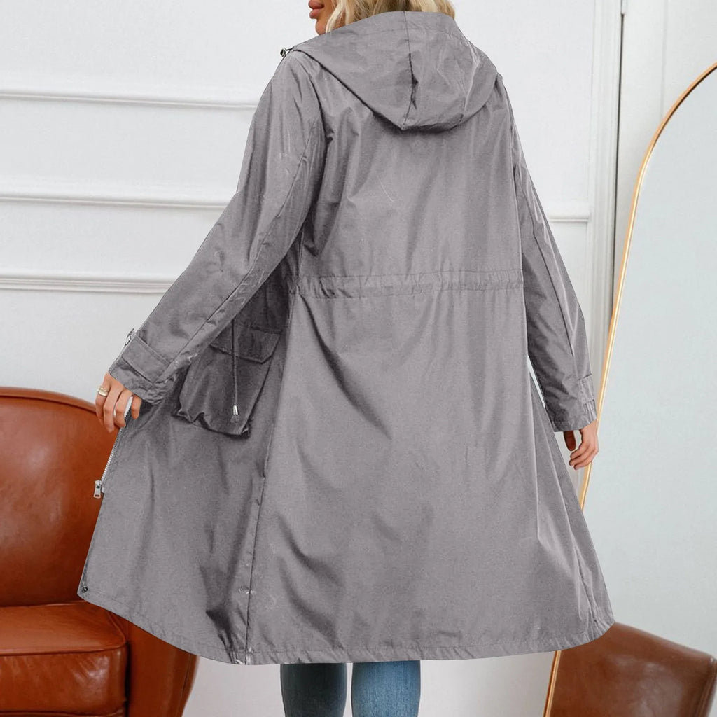 Women's Chic Hooded Long Sleeved Solid Color Trench Coat With Striped And Straight Tube Jacket Elegant British Style Windbreake