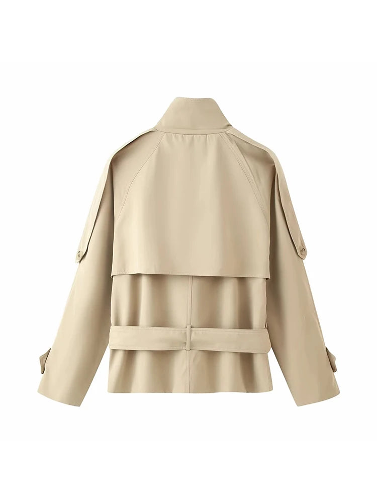 Women Vintage Chic Trench Khaki Coat Women Solid Stand Collar Double Breasted Belt Bow Coat Female Fashion Spring Summer Outwear