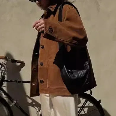 Vintage Lapel Long-sleeved Button-up Solid Color Jacket 2024 Women's Spring and Autumn Fashion Baggy Street Style Pocket Jacket