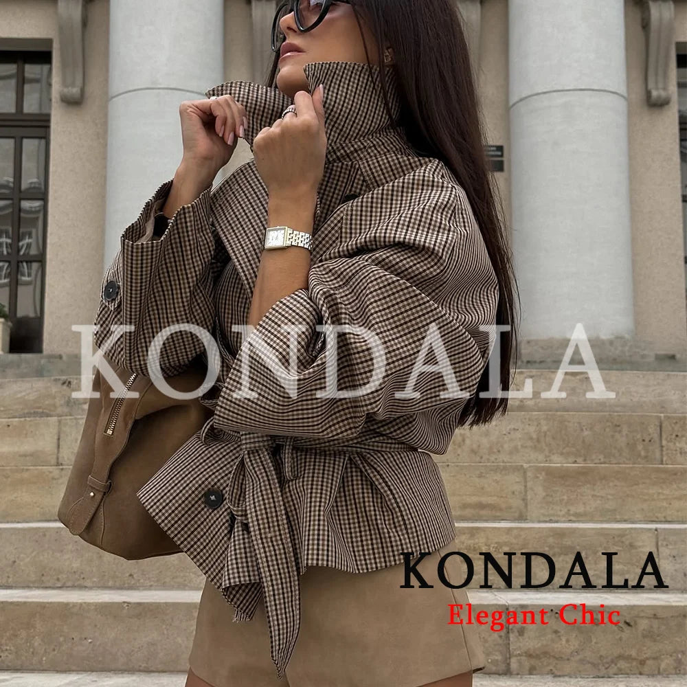 KONDALA Women Trendy Plaid Short Jacket Double Breasted Belt Pockets Jacket New Fashion 2026 Early Fall Streetwear Trench Coat