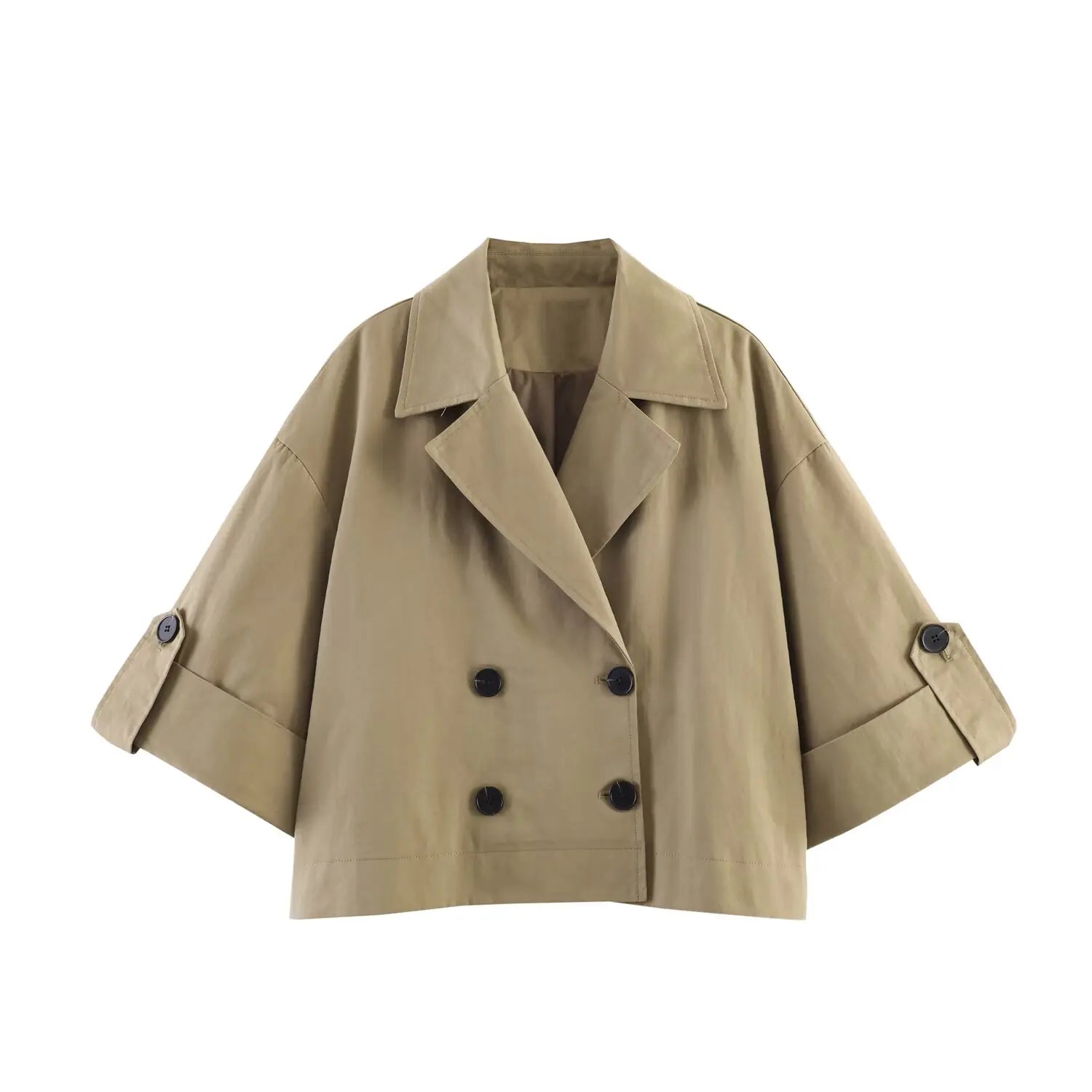 Women's Short Trench Coat New 2026 Spring Autumn Women Rolled-Up Sleeves Button Solid Color Elastic Waist Outerwear Female Tops