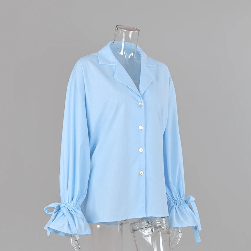 Linad Casual Blue Flare Sleeve Shirts Female Autumn Street Chic Notched Neck Woman Blouse Daily Single Breasted Tops Bows 2026