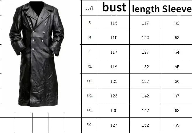 Black Leather raincoat officer military classic German menswear  coat men  long jackets for men