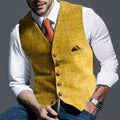 Brown Casual Gentleman Men's Army Green Vest Plaid Soft Wool Jacket Tweed Business Waistcoat For Wedding Best Man