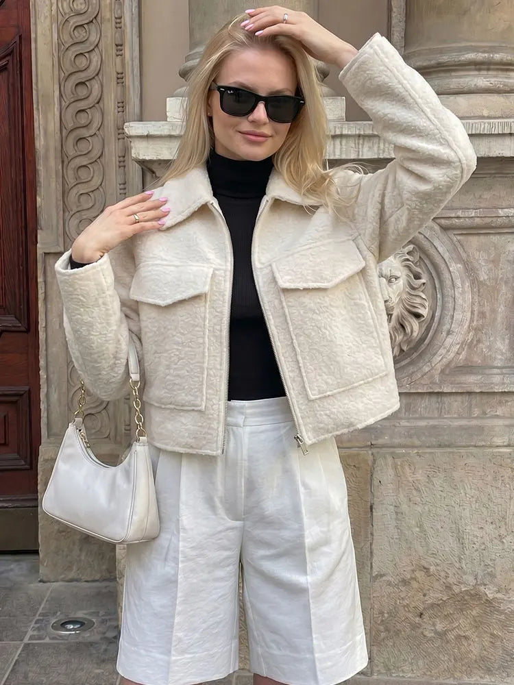 HH Women Elegant Solid Coat Front Pocket Zipper Long Sleeve Jacket Autumn Winter Casual High Street Party Vacation Outerwear