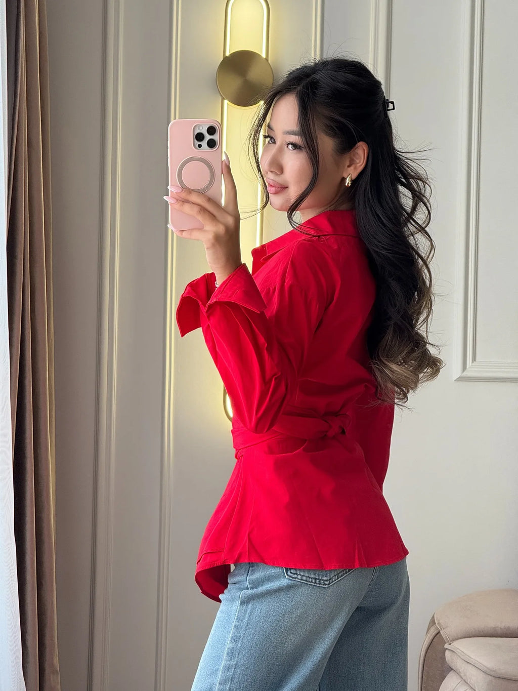 BJTZ 2026 Spring Summer Women Solid Color Tie Waist Slim Long Sleeve Shirt Elegant Casual Tops
