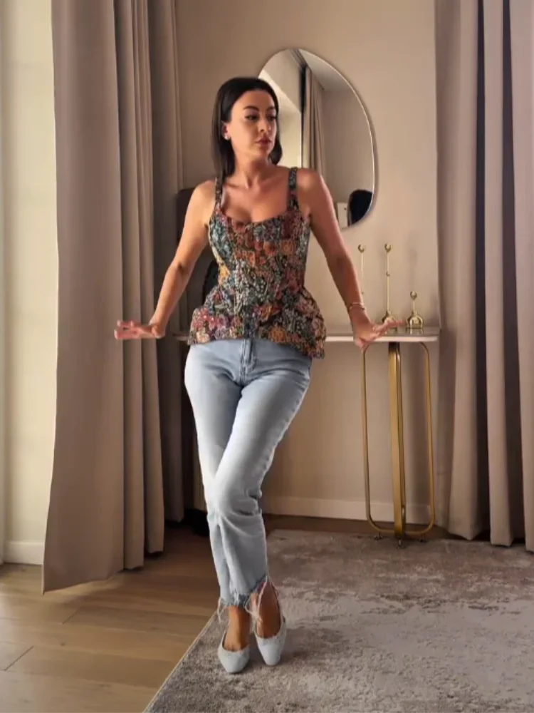 Fashion Sleeveless Spaghetti Strap Top Waist-cinching Vintage Floral Jacquard Vest Spring Summer Forest Cottage Date Outfit