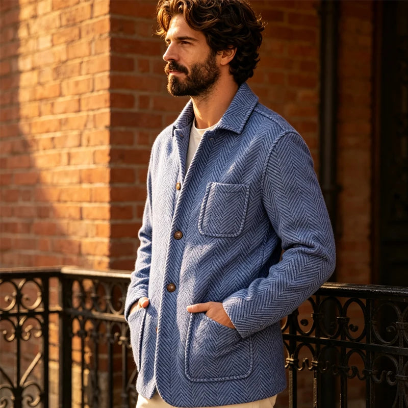 Vintage Men's Herringbone Pattern Blazer Wool Blend Lapel Collar Slim Fit Breathable Jacket Business Casual For DailyWear Office