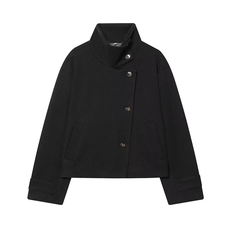 Stand Collar Asymmetric Woman's Coats Jacket for Woman Wool Short Tops Loose Cropped Jackets Autumn Winter Wear Daily Outfits