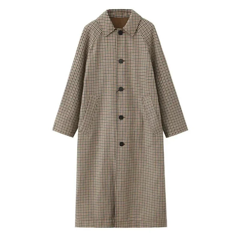 Double Sided Plaid Long Jackets For Women Single Breasted Long Sleeve Commute Street Female Trench Coat 2026 Autumn Chic Outwear