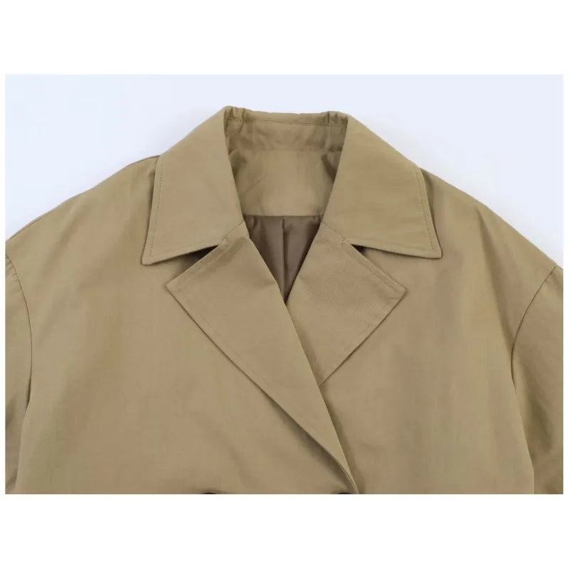 Women's Short Trench Coat New 2026 Spring Autumn Women Rolled-Up Sleeves Button Solid Color Elastic Waist Outerwear Female Tops