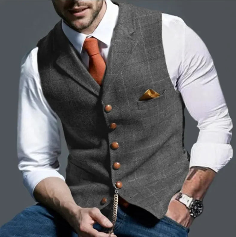 Brown Casual Gentleman Men's Army Green Vest Plaid Soft Wool Jacket Tweed Business Waistcoat For Wedding Best Man