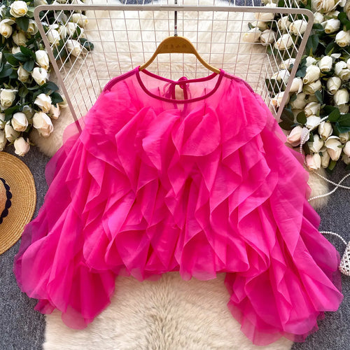 2026 New Spring Autumn Women Korean Style O-neck Long Sleeve Shirt Multi Layer Ruffles Solid Color Chiffon Shirt Tops