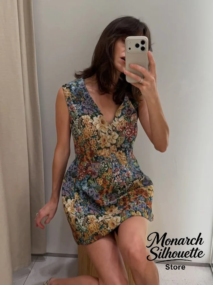 Women's Floral Sleeveless Mini Dress Vintage V-neck Straighten The Hem Slim Short Dresses 2026 Lady Summer Daily Commute Wear