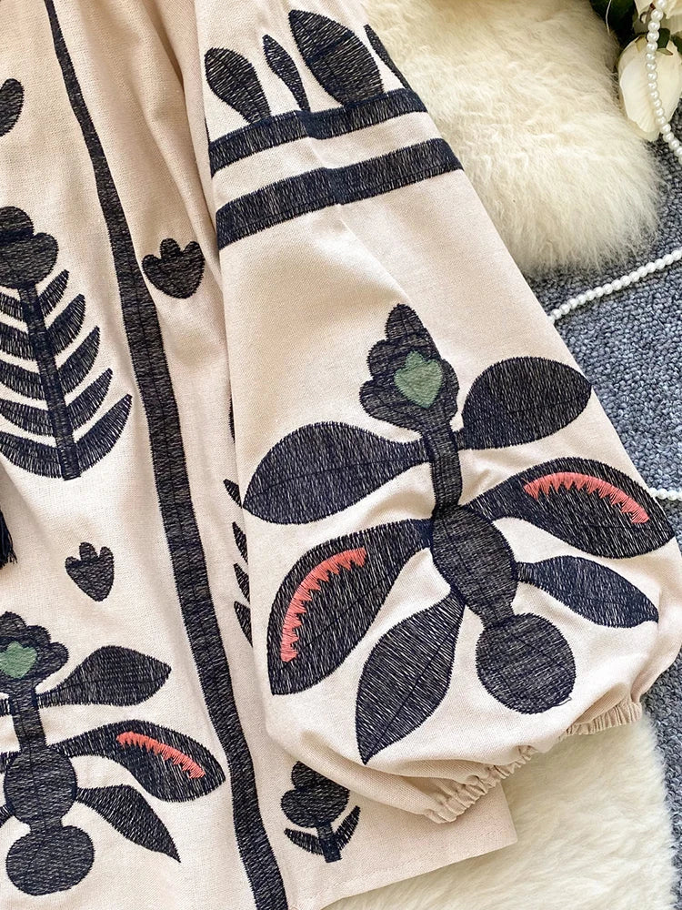 Spring Autumn New Vintage Lantern Sleeve Shirt Women's Embroidered Round Neck Strap Loose Casual Versatile Hoodie Blouse Top D11