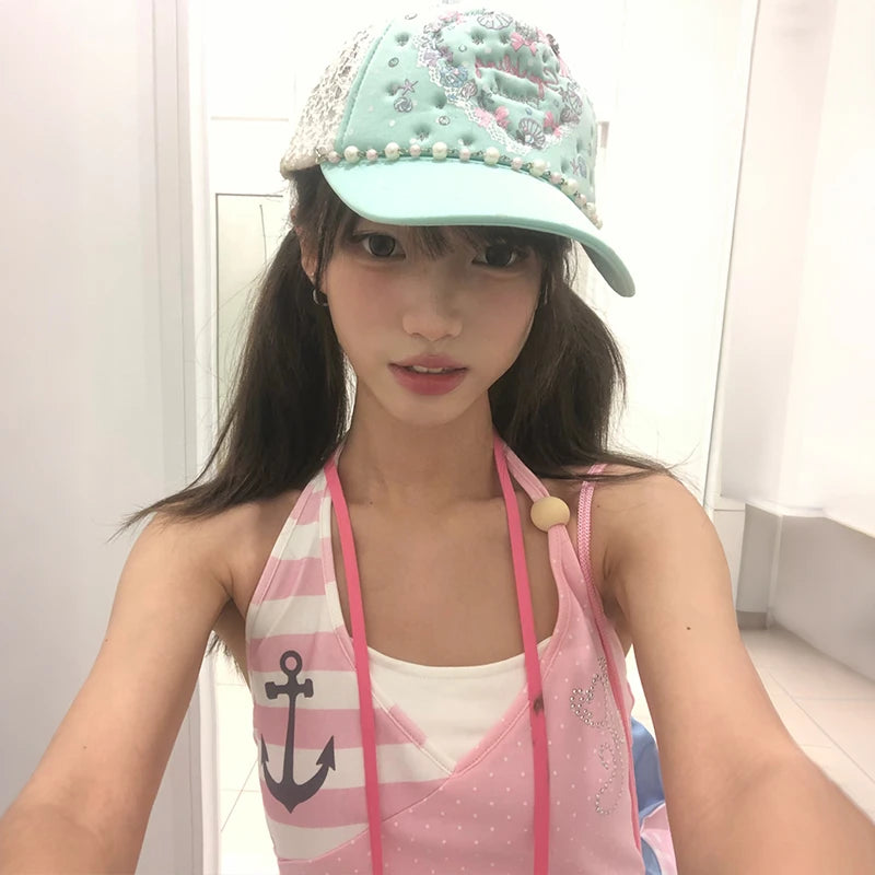 Karrram Japanese Y2k Pink Halter Tops 2000s Cutecore Rhinestone Print Tank Top Vintage Harajuku Patchwork Sleeveless Top Kawaii