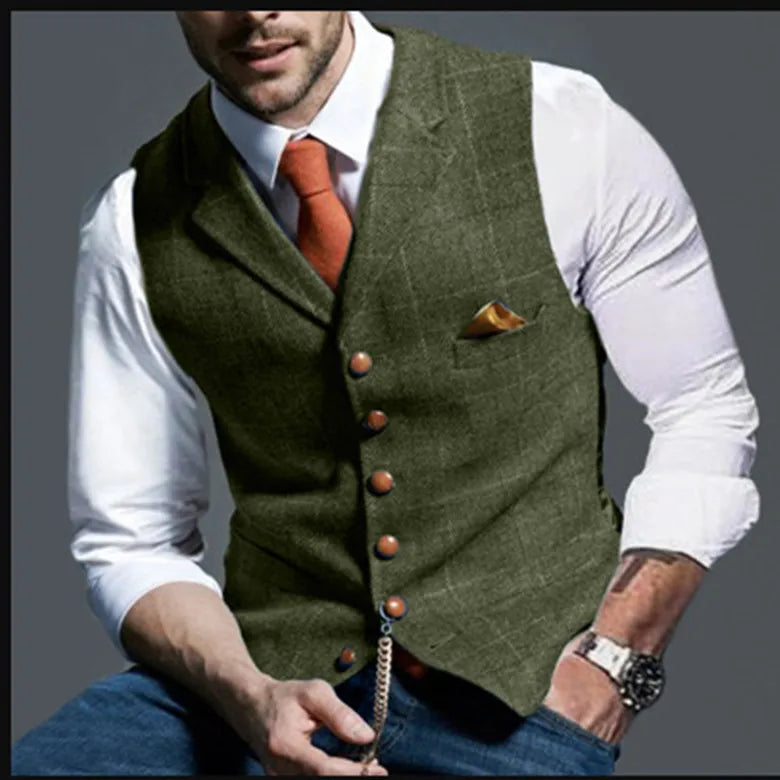 Brown Casual Gentleman Men's Army Green Vest Plaid Soft Wool Jacket Tweed Business Waistcoat For Wedding Best Man