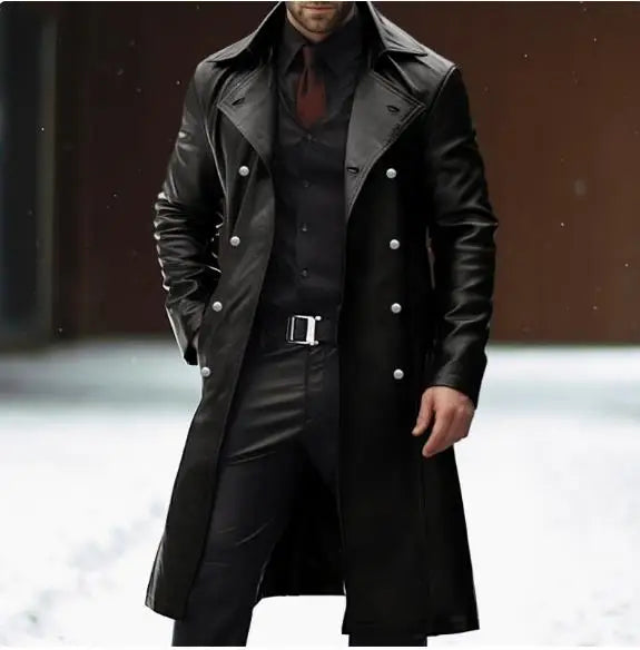 Black Leather raincoat officer military classic German menswear  coat men  long jackets for men