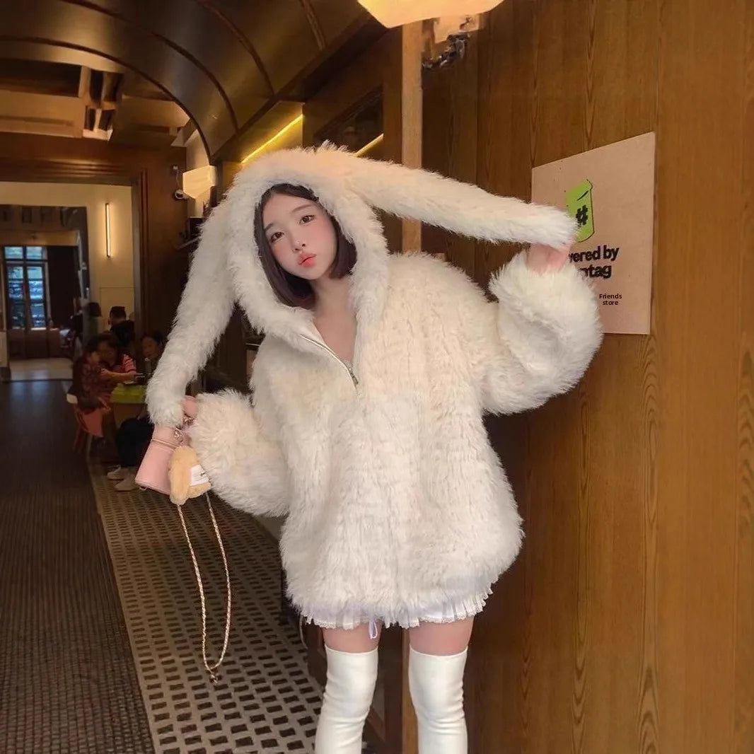 Lamb Fur Jacket Women's Loose Thickened Autumn Winter New Style Environmental Protection Cute Rabbit Ear Double-sided Cotton ...