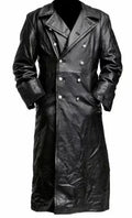 Black Leather raincoat officer military classic German menswear  coat men  long jackets for men