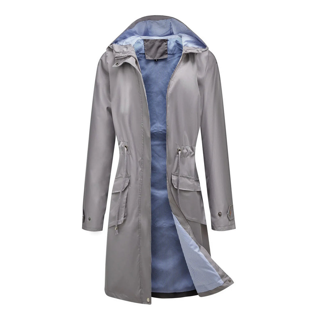 Women's Chic Hooded Long Sleeved Solid Color Trench Coat With Striped And Straight Tube Jacket Elegant British Style Windbreake