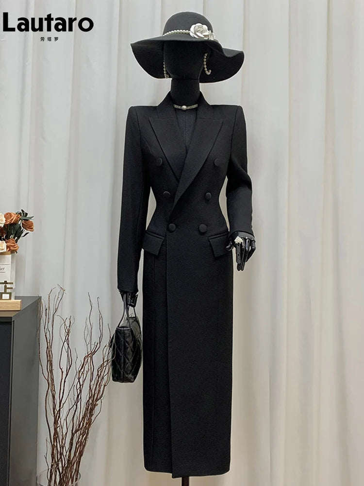 Lautaro Spring Autumn Long Black Fitted Blazer Coat for Women Double Breasted Elegant Luxury Chic European Fashion Overcoat 2025