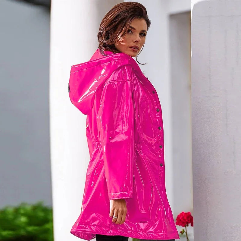 Women Shiny Patent Leather Parka Hood Overcoat With Pocket Faux Latex Long Sleeve Jacket Button Ladies PVC Raincoat New Custom