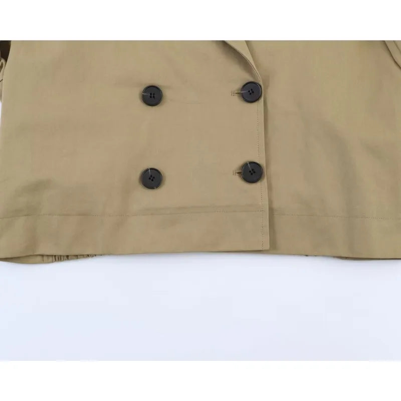 Women's Short Trench Coat New 2026 Spring Autumn Women Rolled-Up Sleeves Button Solid Color Elastic Waist Outerwear Female Tops