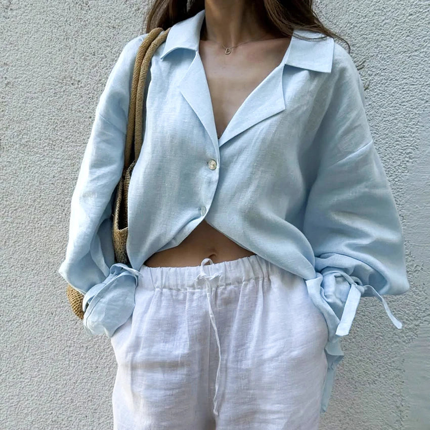 Linad Casual Blue Flare Sleeve Shirts Female Autumn Street Chic Notched Neck Woman Blouse Daily Single Breasted Tops Bows 2026