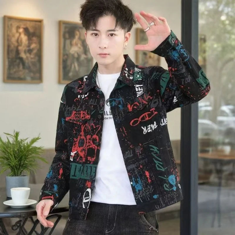 Vintage Loose Men's Print Denim Jacket Spring Autumn Casual Long Sleeve Outerwear Coat