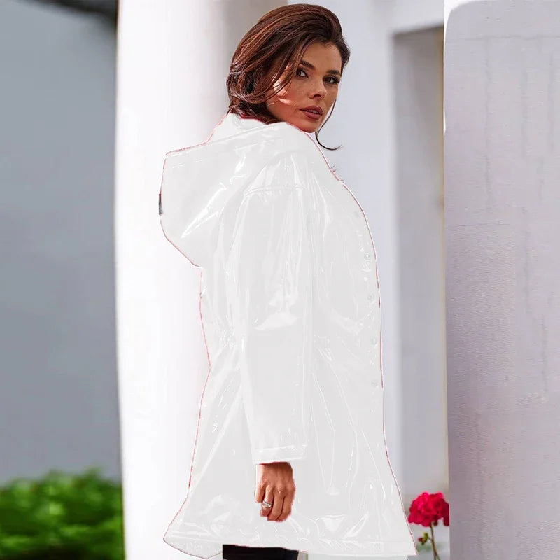 Women Shiny Patent Leather Parka Hood Overcoat With Pocket Faux Latex Long Sleeve Jacket Button Ladies PVC Raincoat New Custom