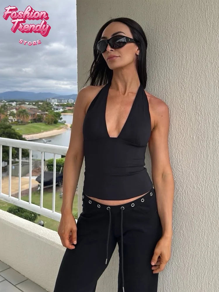 Women Turquoise Ribbed Halter Crop Top Deep V Sleeveless Side Ruched Slim Fit Cropped Tank 2026 Ladies Summer Casual Outfit New