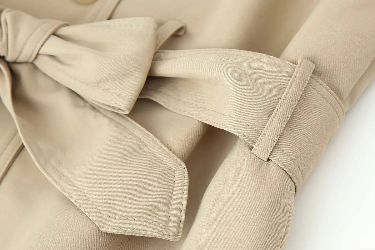 Women Vintage Chic Trench Khaki Coat Women Solid Stand Collar Double Breasted Belt Bow Coat Female Fashion Spring Summer Outwear