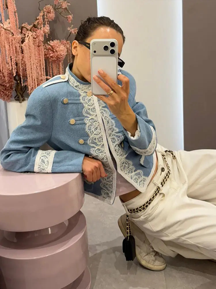 Denim Cropped Jacket Stand Collar Lace Trim Double Metal Buttons  2026 Autumn Chic Fashion Trendy Lady Vintage Party Jackets