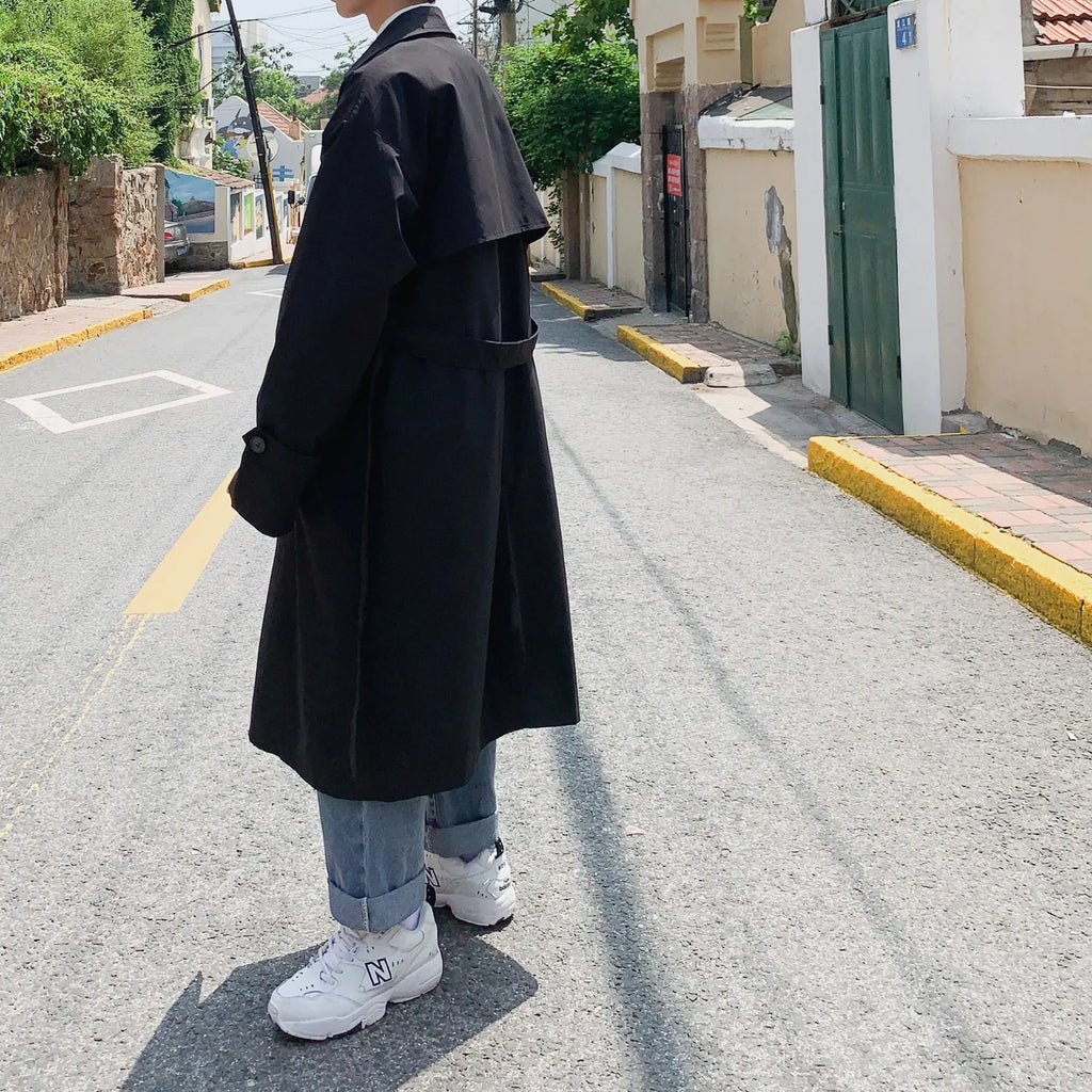 Spring Trench Coat Mens Korean Style Male Streetwear Windbreaker Trenchcoat Men Solid Coats for Men Casual Loose Long Overcoat
