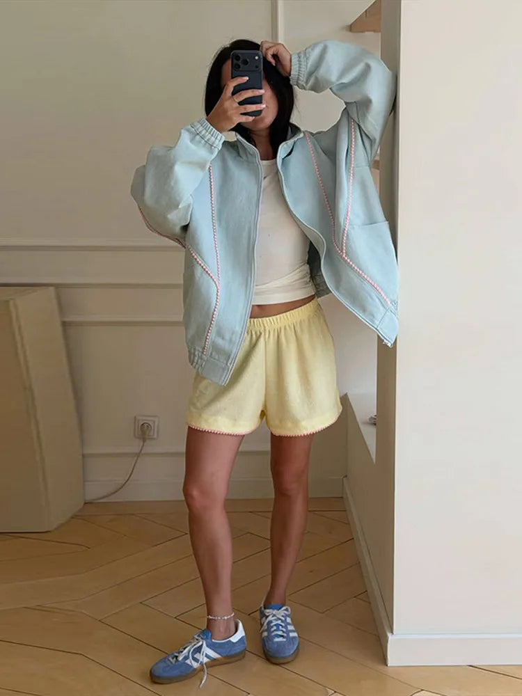 Denim Contrast Jackets Women Standneck Long Sleeves Zipper Loose Coats Female 2026 Autumn New Chic Fashion Casual Outwears Lady