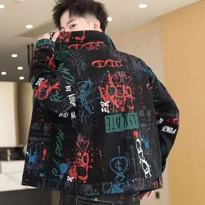 Vintage Loose Men's Print Denim Jacket Spring Autumn Casual Long Sleeve Outerwear Coat