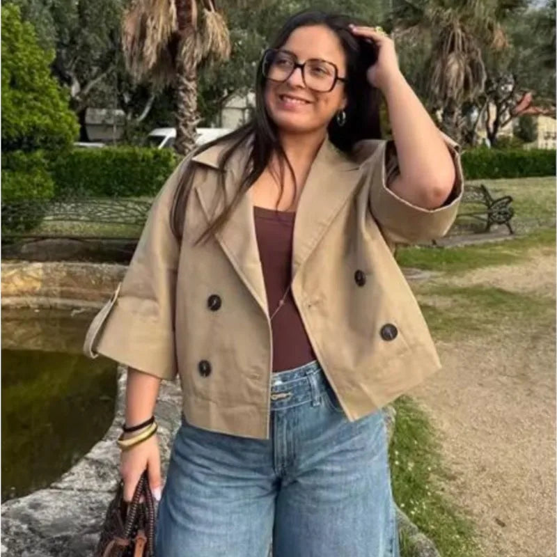 Women's Short Trench Coat New 2026 Spring Autumn Women Rolled-Up Sleeves Button Solid Color Elastic Waist Outerwear Female Tops