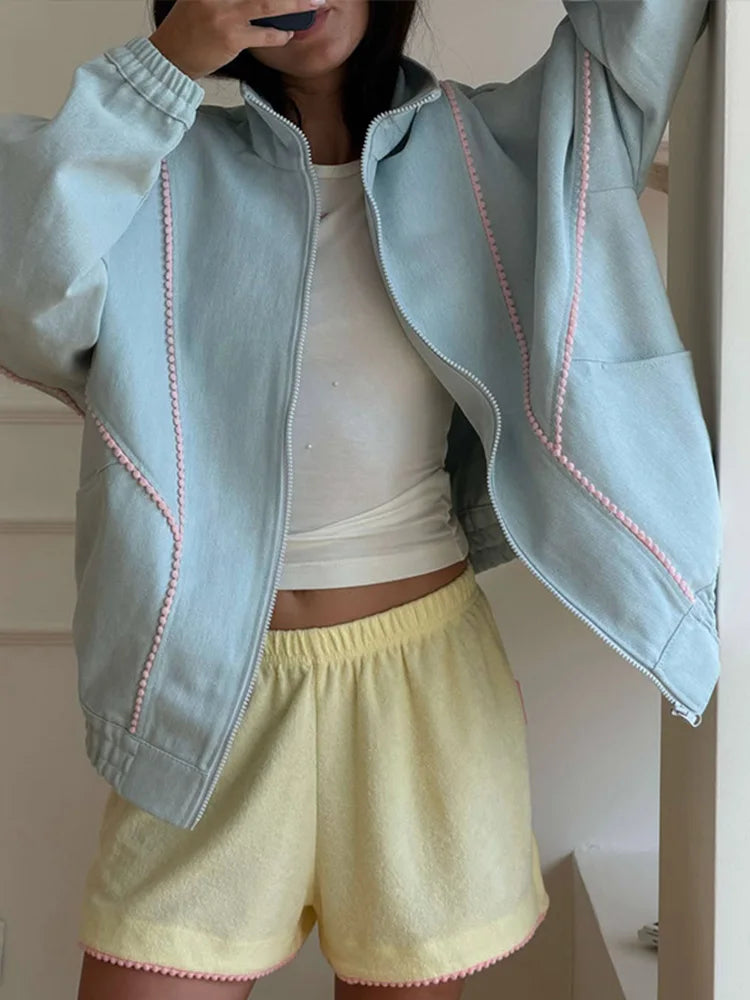 Denim Contrast Jackets Women Standneck Long Sleeves Zipper Loose Coats Female 2026 Autumn New Chic Fashion Casual Outwears Lady