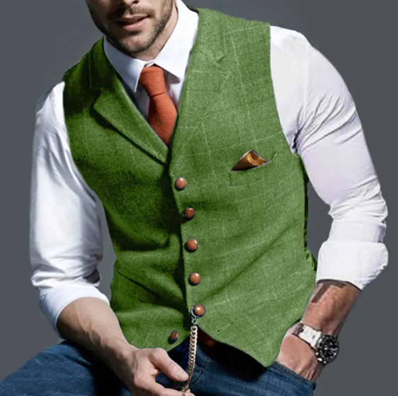 Brown Casual Gentleman Men's Army Green Vest Plaid Soft Wool Jacket Tweed Business Waistcoat For Wedding Best Man