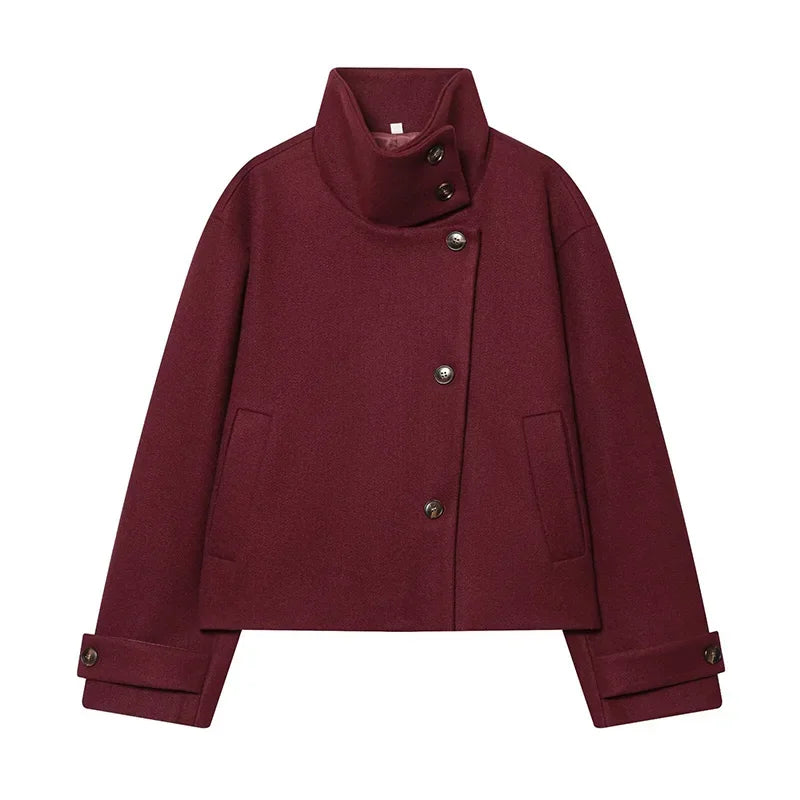 Stand Collar Asymmetric Woman's Coats Jacket for Woman Wool Short Tops Loose Cropped Jackets Autumn Winter Wear Daily Outfits