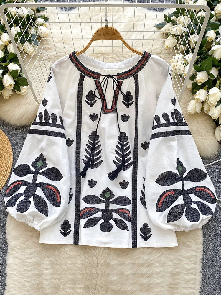 Spring Autumn New Vintage Lantern Sleeve Shirt Women's Embroidered Round Neck Strap Loose Casual Versatile Hoodie Blouse Top D11