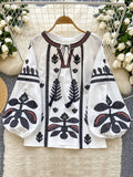 Spring Autumn New Vintage Lantern Sleeve Shirt Women's Embroidered Round Neck Strap Loose Casual Versatile Hoodie Blouse Top D11