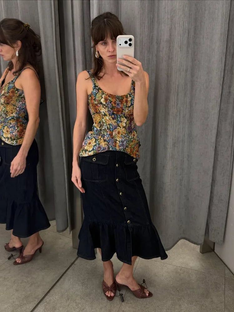 Fashion Sleeveless Spaghetti Strap Top Waist-cinching Vintage Floral Jacquard Vest Spring Summer Forest Cottage Date Outfit