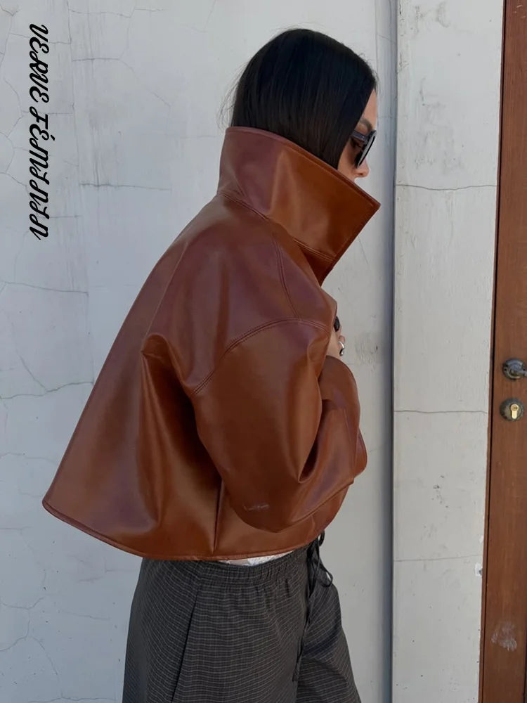 Lapel Long Sleeve Faux Leather Jacket Women Street Turn-down Collar Single Breasted Loose Coats Chic Lady Jackets New Outerwears
